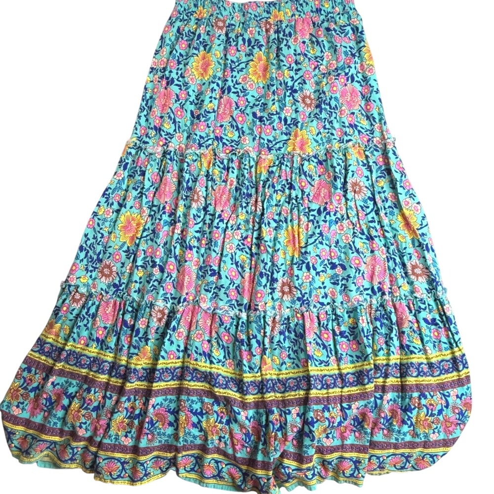 Hibluco Turquoise Floral Tiered Maxi Skirt Boho Elastic Waist L Large